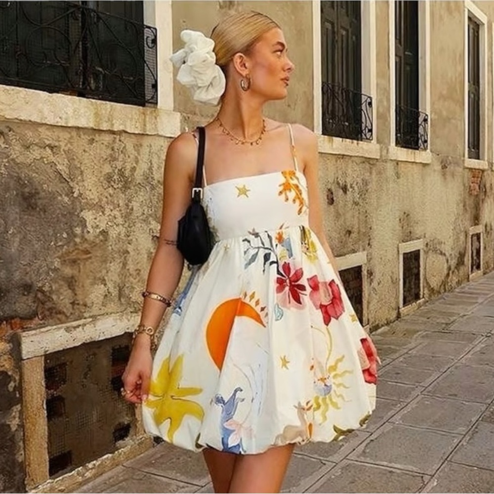 ZARA NWOT Blogger Fave Ivory Multicolor Watercolor Floral Animal Bubble Dress - Picture 11 of 11